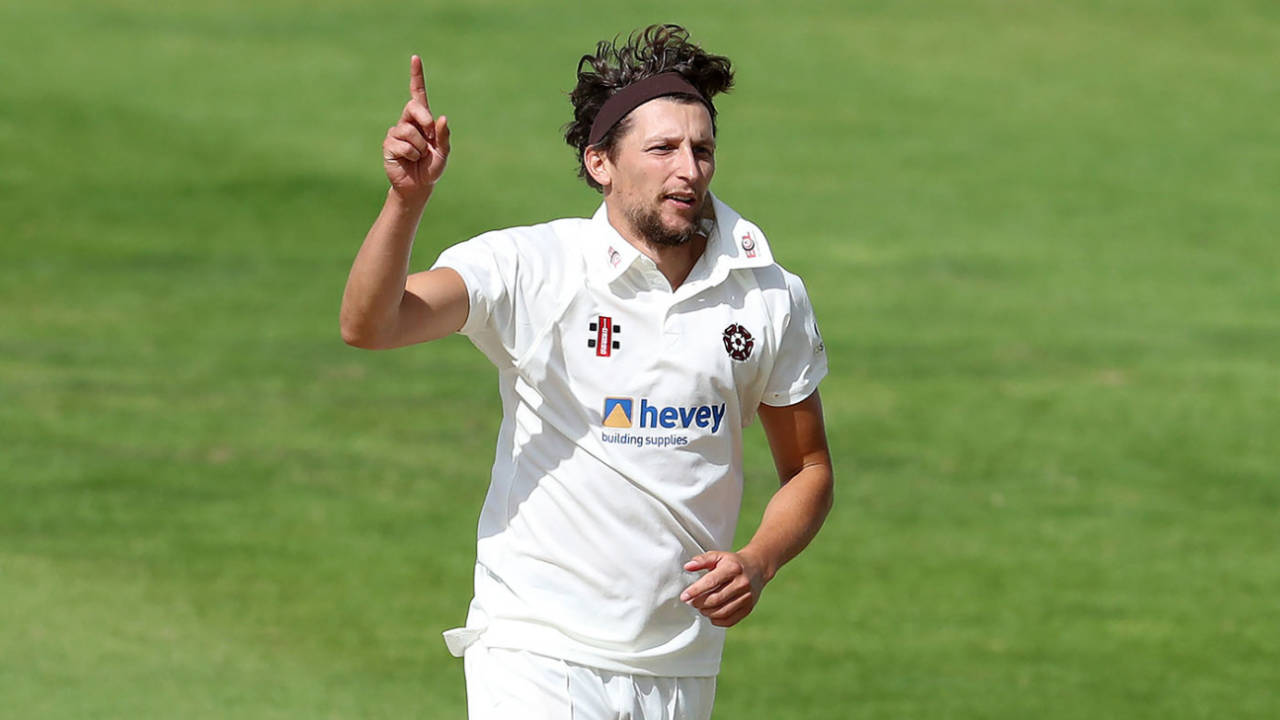 Jack White celebrates another scalp, Northamptonshire v Glamorgan, Wantage Road, 3rd day, Bob Willis Trophy, August 24, 2020