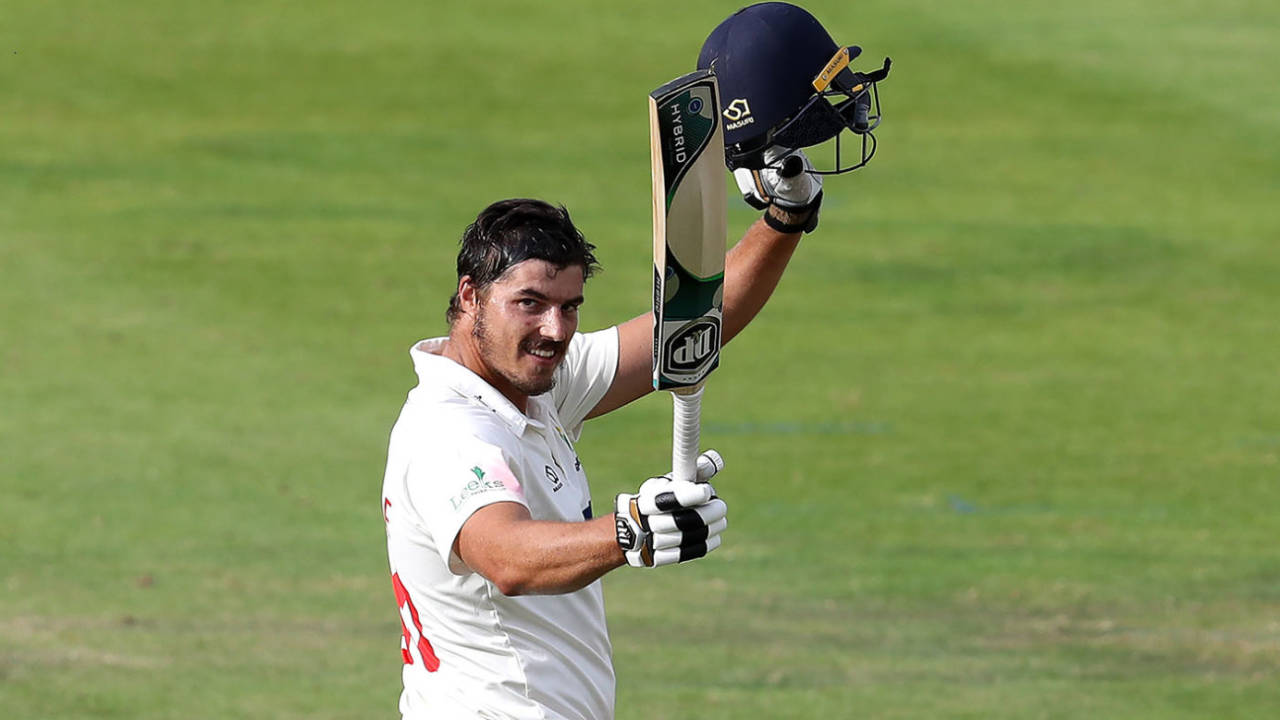 Marchant de Lange celebrates his maiden first-class hundred, Northamptonshire v Glamorgan, Bob Willis Trophy, Wantage Road, August 24, 2020