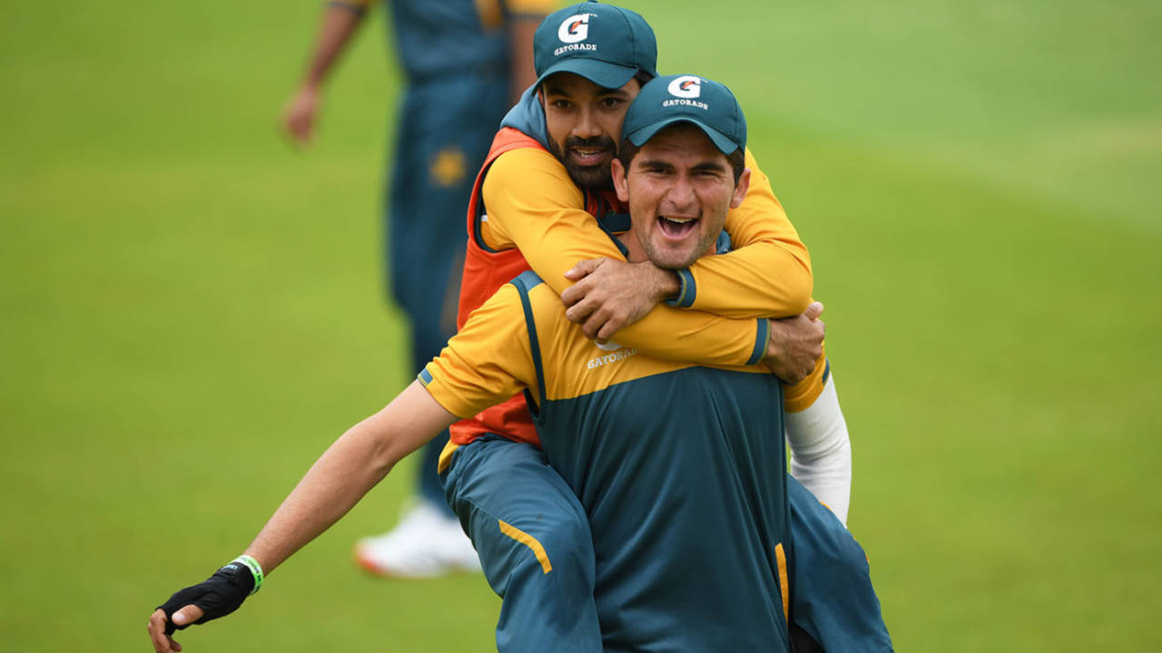 Mohammad Rizwan gets a piggyback from Shaheen Shah Afridi, Old Trafford, August 27, 2020