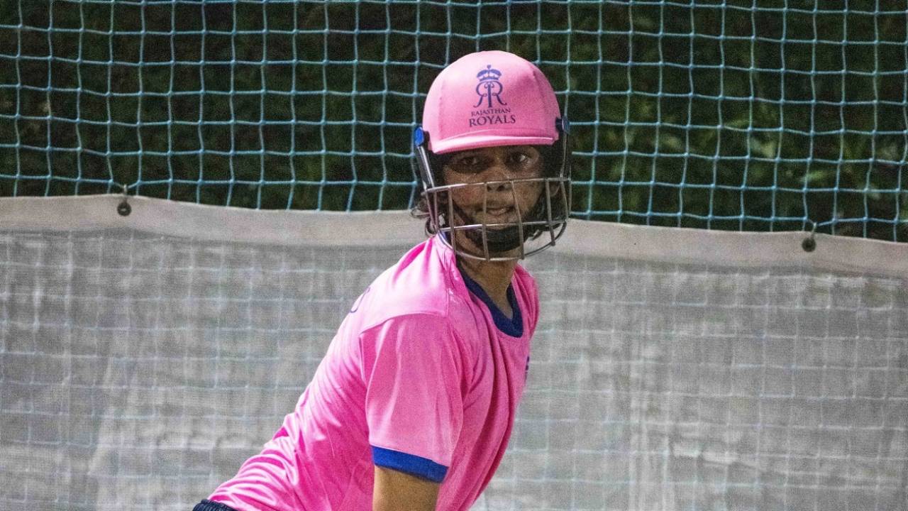 Yashasvi Jaiswal bats in the nets during training at the ICC academy, Dubai, August 26, 2020