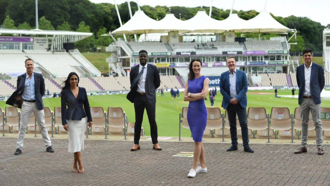 Isa Guha, front left, took over as the BBC's lead cricket presenter this summer, Ageas Bowl