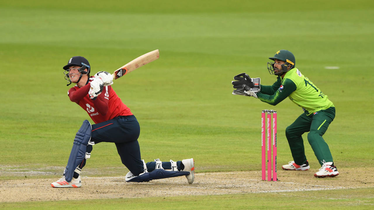 Tom Banton cracks a six over long-on, England v Pakistan, 1st T20I, Old Trafford, August 28, 2020