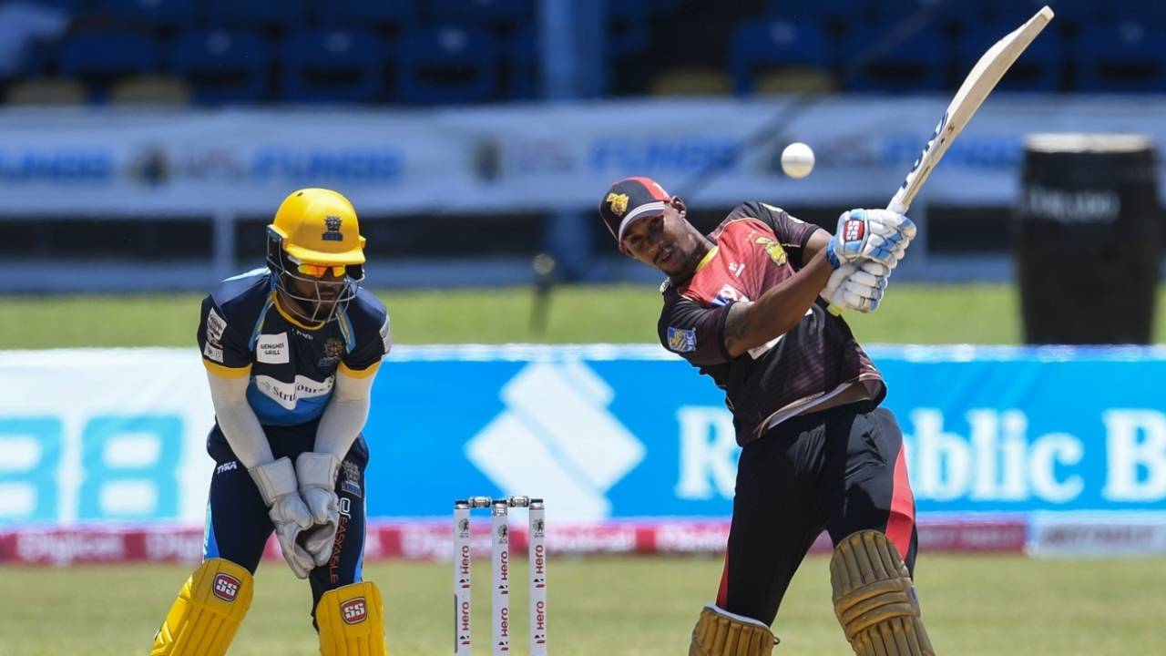 Lendl Simmons launches one down the ground, Trinbago Knight Riders, Barbados Tridents, Queen's Park Oval, CPL 2020, August 29, 2020