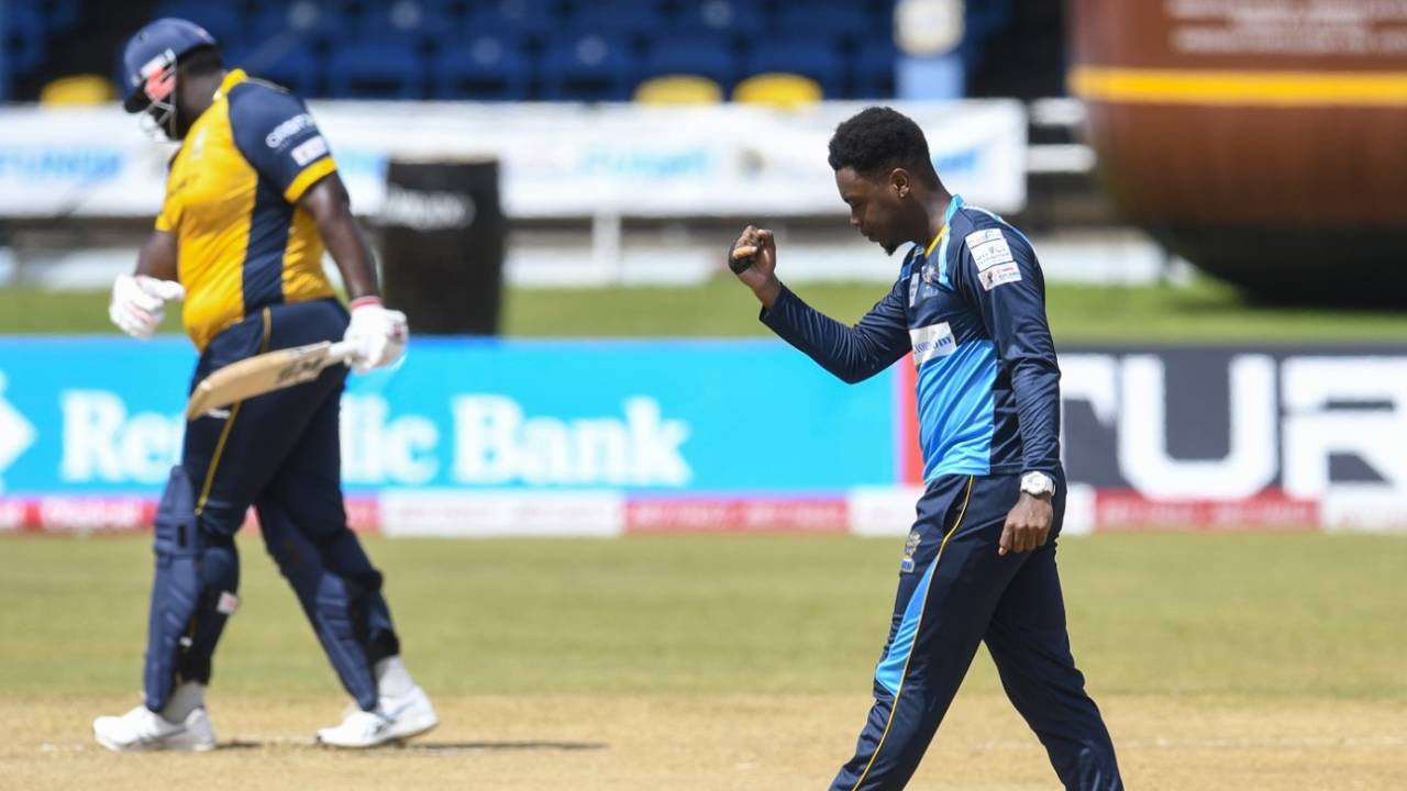 Joshua Bishop celebrates after dismissing Rahkeem Cornwall in the first over, Barbados Tridents v St Lucia Zouks, CPL 2020, Port of Spain, August 30, 2020
