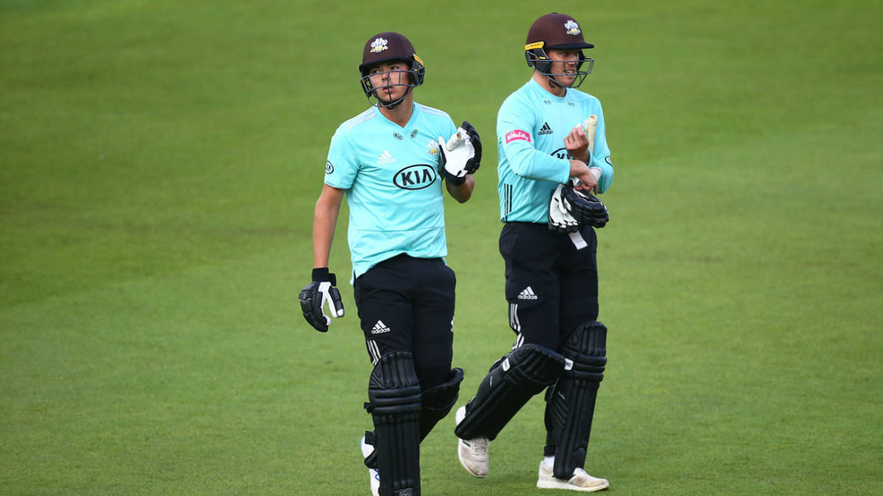 James Taylor and Matt Dunn trudge off after Surrey's tie, Surrey v Essex, The Oval, Vitality Blast, August 30, 2020