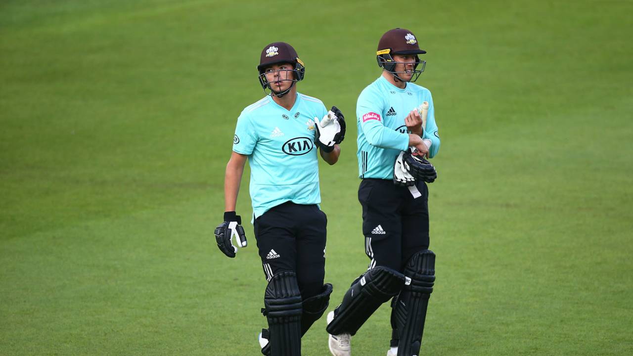 James Taylor and Matt Dunn trudge off after Surrey's tie, Surrey v Essex, The Oval, Vitality Blast, August 30, 2020
