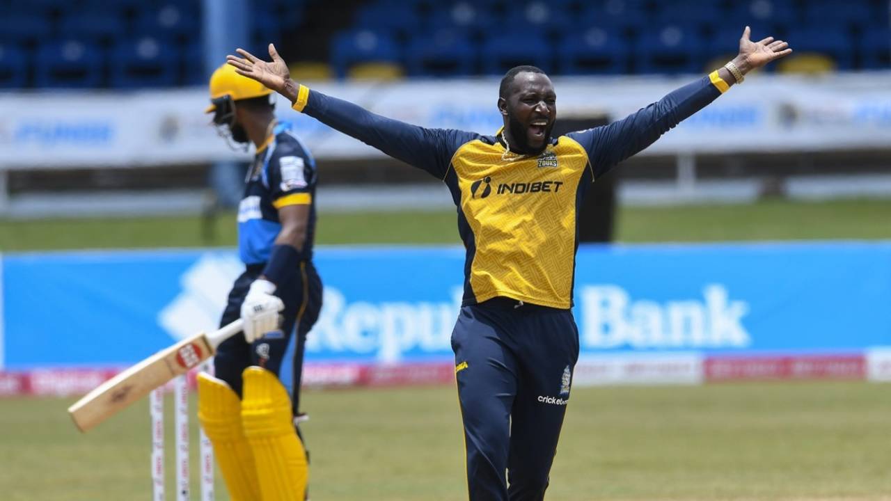 Kesrick Williams appeals successfully for the wicket of Shai Hope, Barbados Tridents v St Lucia Zouks, CPL 2020, Port Of Spain, August 30, 2020