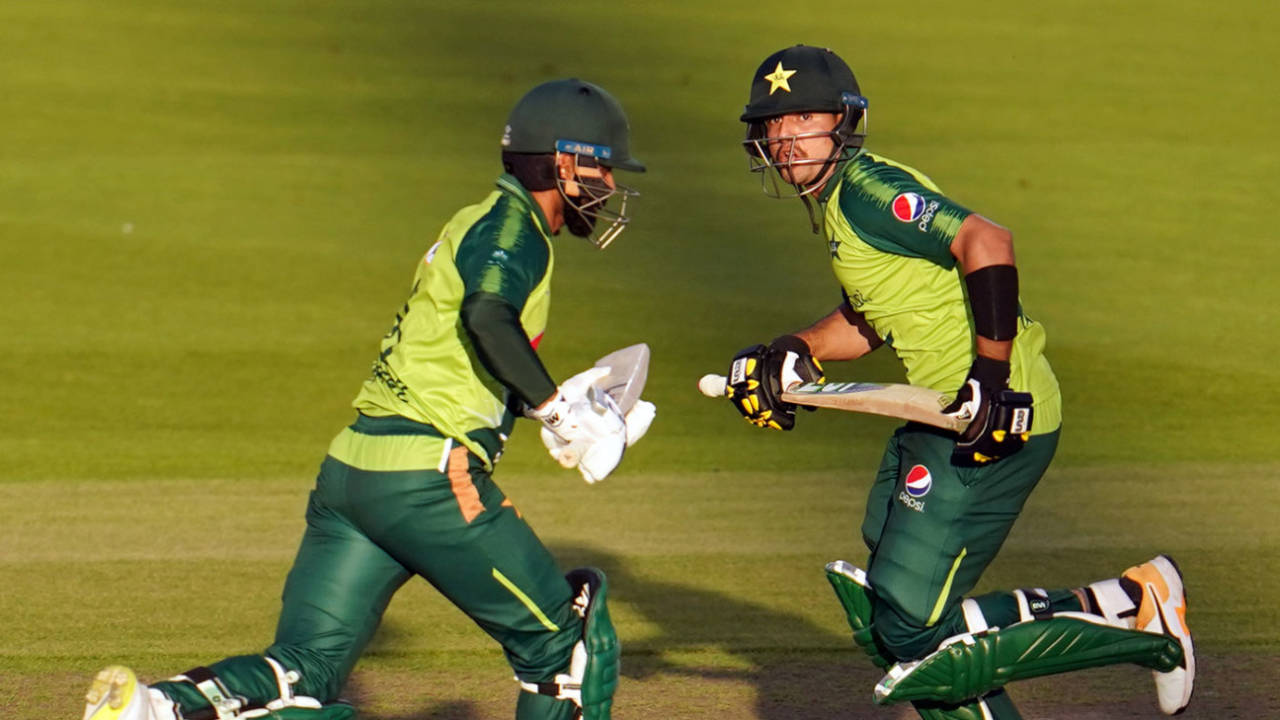 Haider Ali and Mohammad Hafeez run between the wickets, England v Pakistan, 3rd T20I, Old Trafford, September 1, 2020