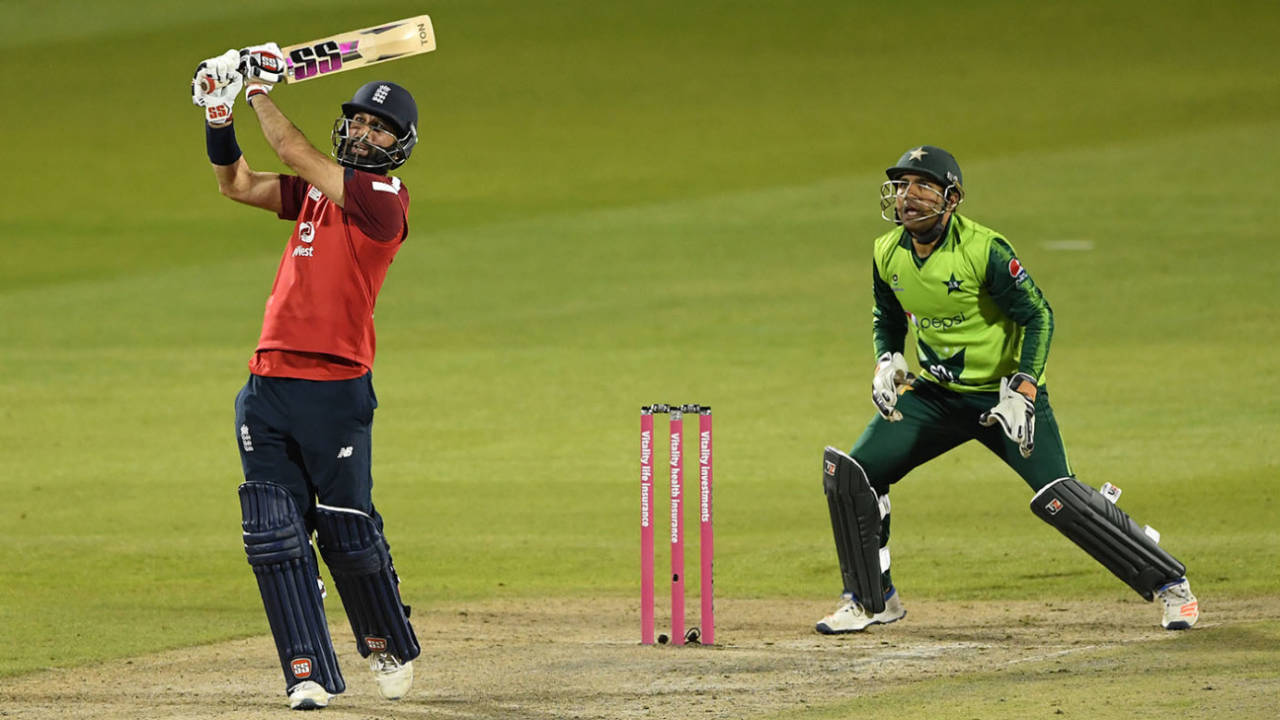 Moeen Ali hammers a blow down the ground, England v Pakistan, 3rd T20I, Old Trafford, September 1, 2020