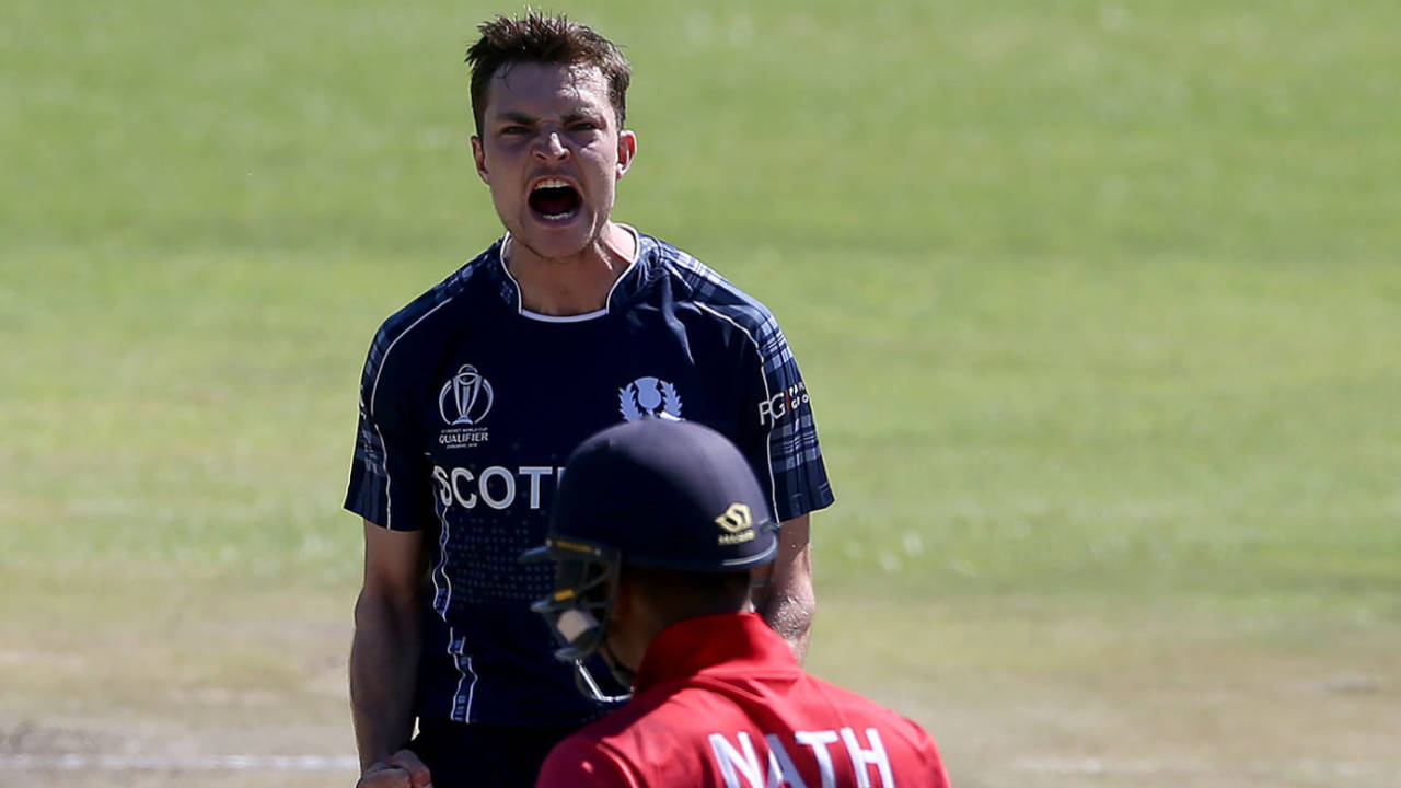 Stuart Whittingham celebrates a wicket against Nepal, Scotland v Nepal, ICC World Cup Qualifier, Bulawayo, March 8, 2018