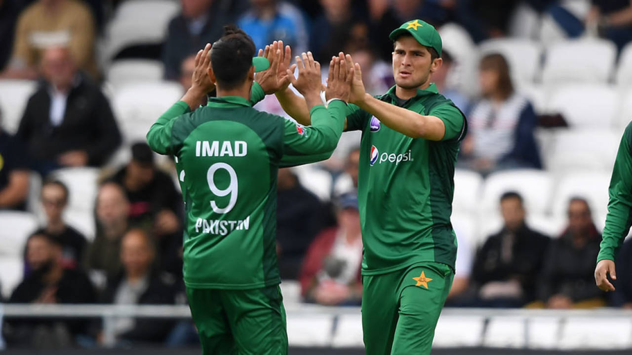 Imad Wasim and Shaheen Shah Afridi celebrate, England v Pakistan, 5th ODI, Headingley, May 19, 2019