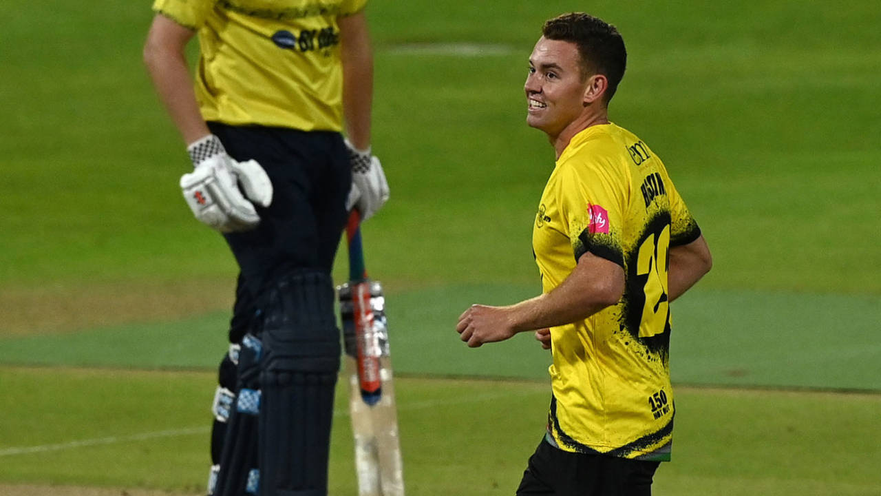 Ryan Higgins celebrates a wicket, Birmingham Bears v Gloucestershire, Vitality Blast, Edgbaston, September 2, 2020