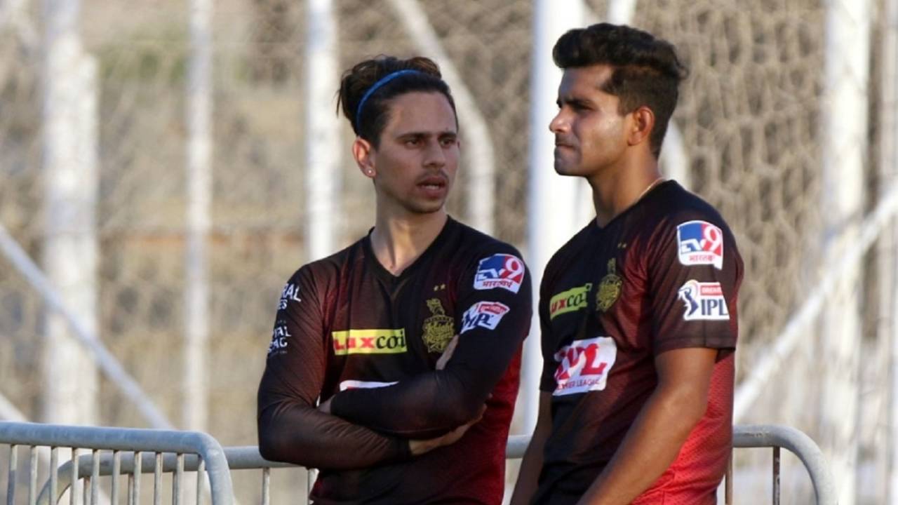 Siddesh Lad and Shivam Mavi have a chat during the KKR nets, Abu Dhabi, September 4, 2020