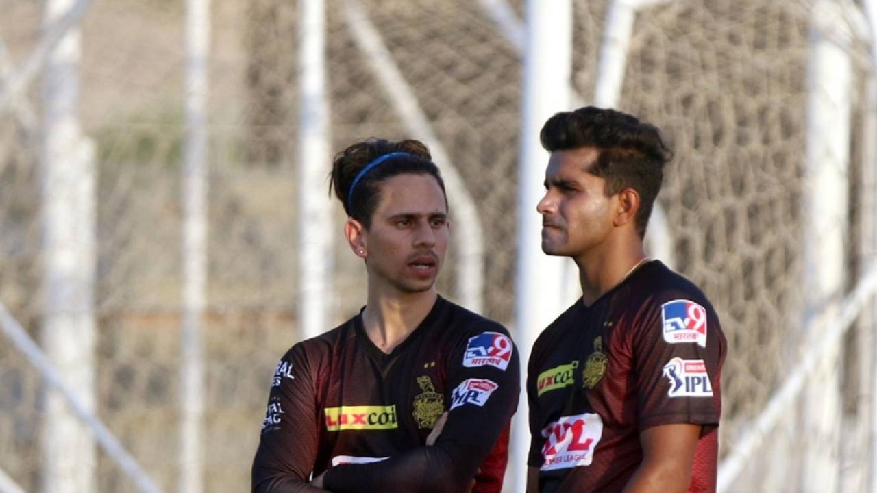 Siddesh Lad and Shivam Mavi have a chat during the KKR nets