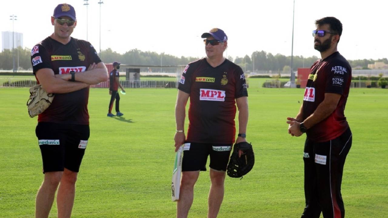 Kyle Mills, David Hussey and Abhishek Nayar attend a Knight Riders training session, Abu Dhabi, September 4, 2020