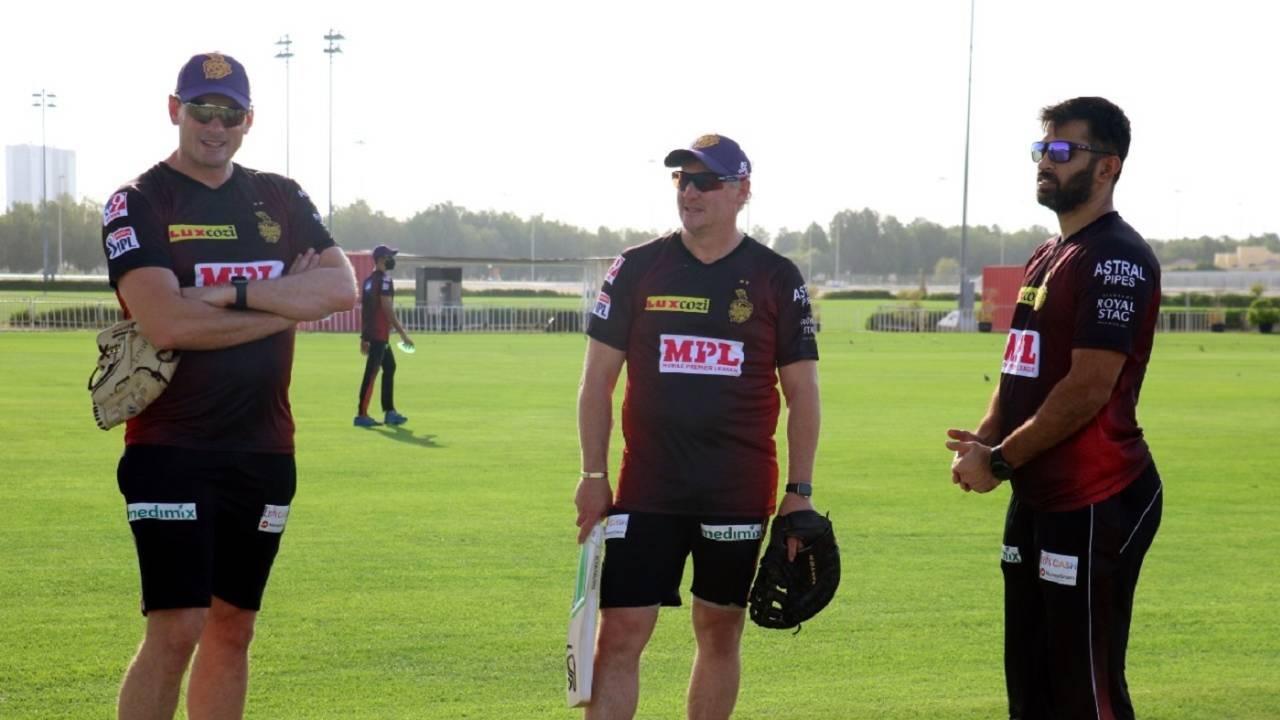 Kyle Mills, David Hussey and Abhishek Nayar attend a Knight Riders training session