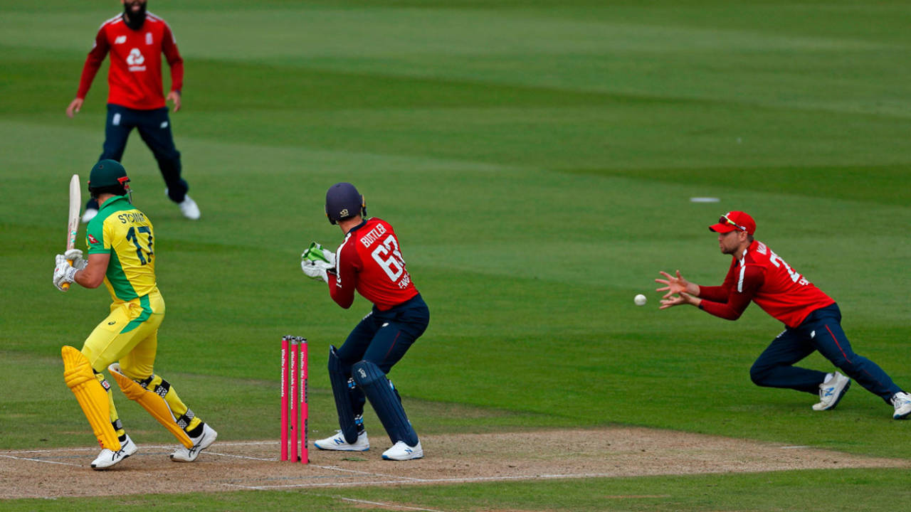 Marcus Stoinis edged Adil Rashid's final delivery to slip, England v Australia, 2nd T20I, Southampton, September 6, 2020