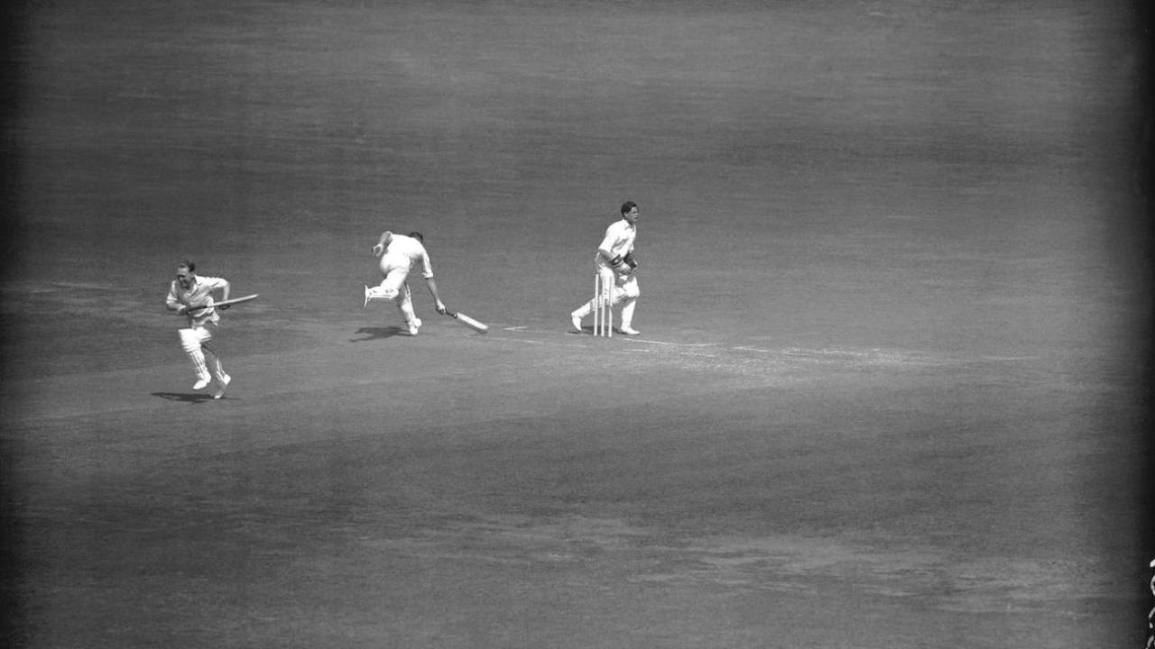 Warwickshire's Charlie Grove is run out by Middlesex's Michael Laws as Eric Hollies sprints to the other end, Middlesex v Warwickshire, County Championship, Lord's, August 30, 1948