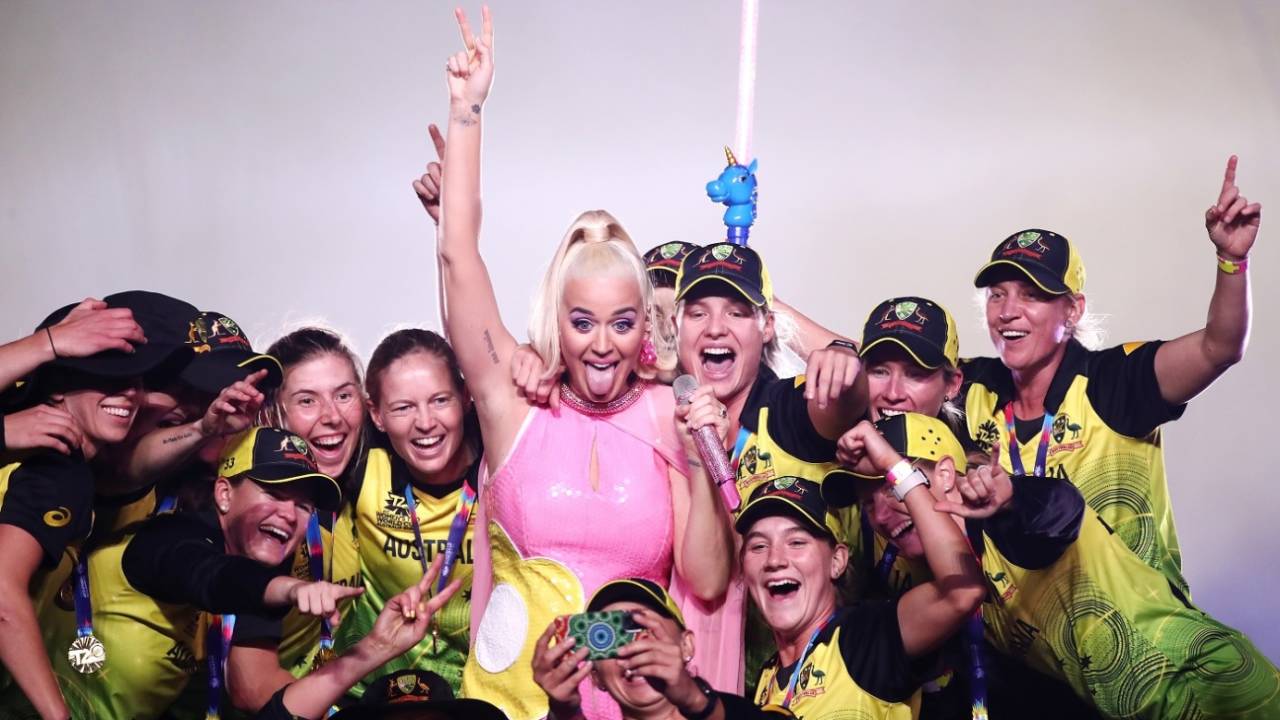 Australia celebrated with Katy Perry after winning the 2020 T20 World Cup final&nbsp;&nbsp;&bull;&nbsp;&nbsp;Getty Images