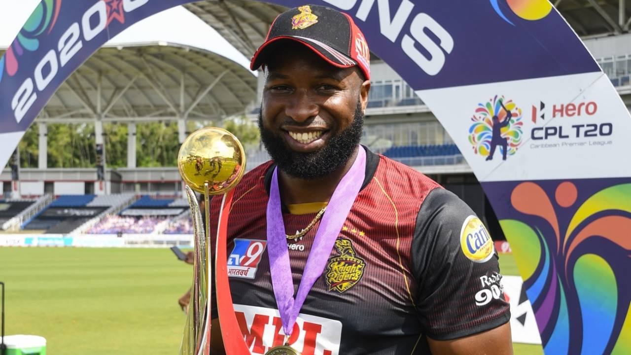 Kieron Pollard with the CPL 2020 trophy after leading Trinbago Knight Riders to 12 wins in 12 matches, St Lucia Zouks v Trinbago Knight Riders, CPL final, Tarouba, September 10, 2020