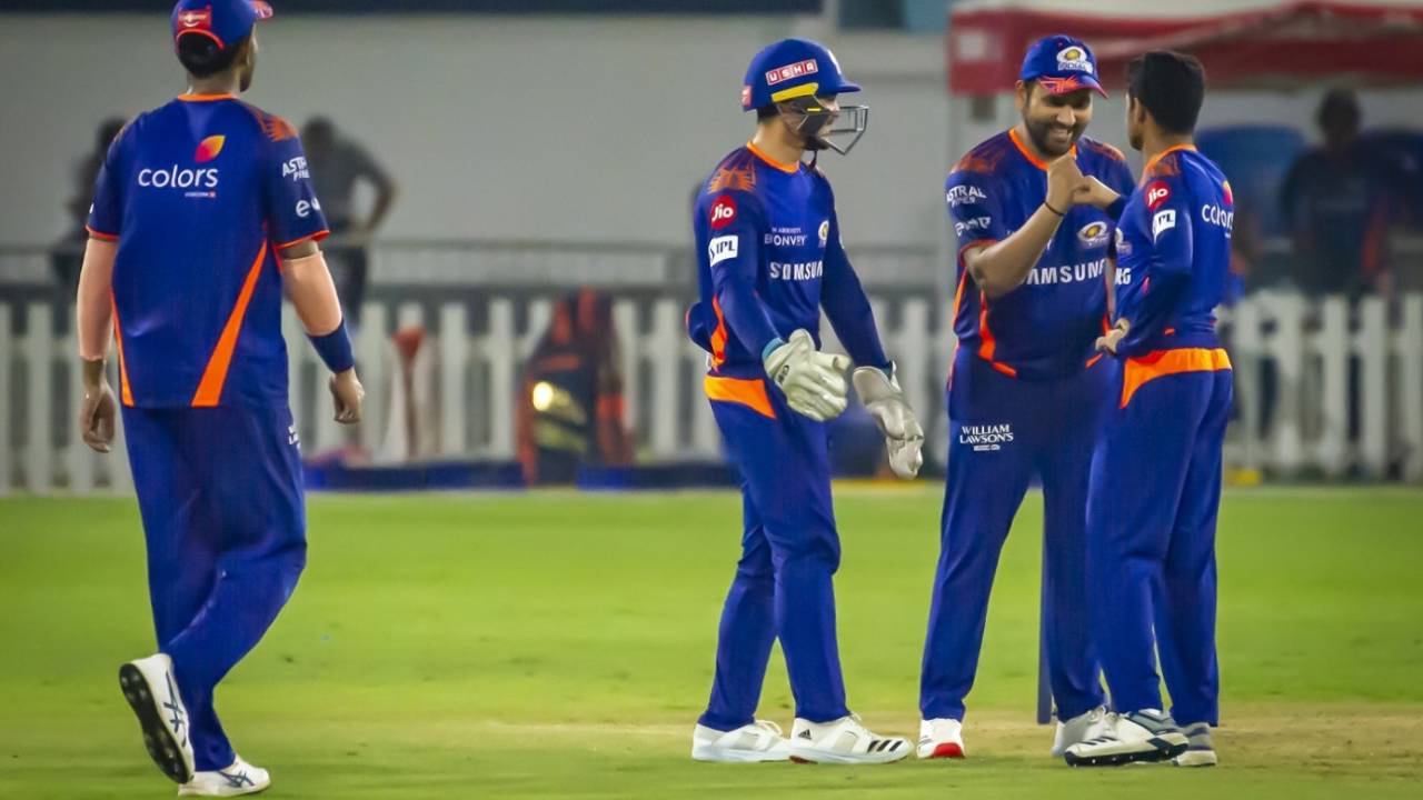 Quinton de Kock, Rohit Sharma and Prince Balwant Rai celebrate during an intra-squad practice game, Abu Dhabi, September 10, 2020