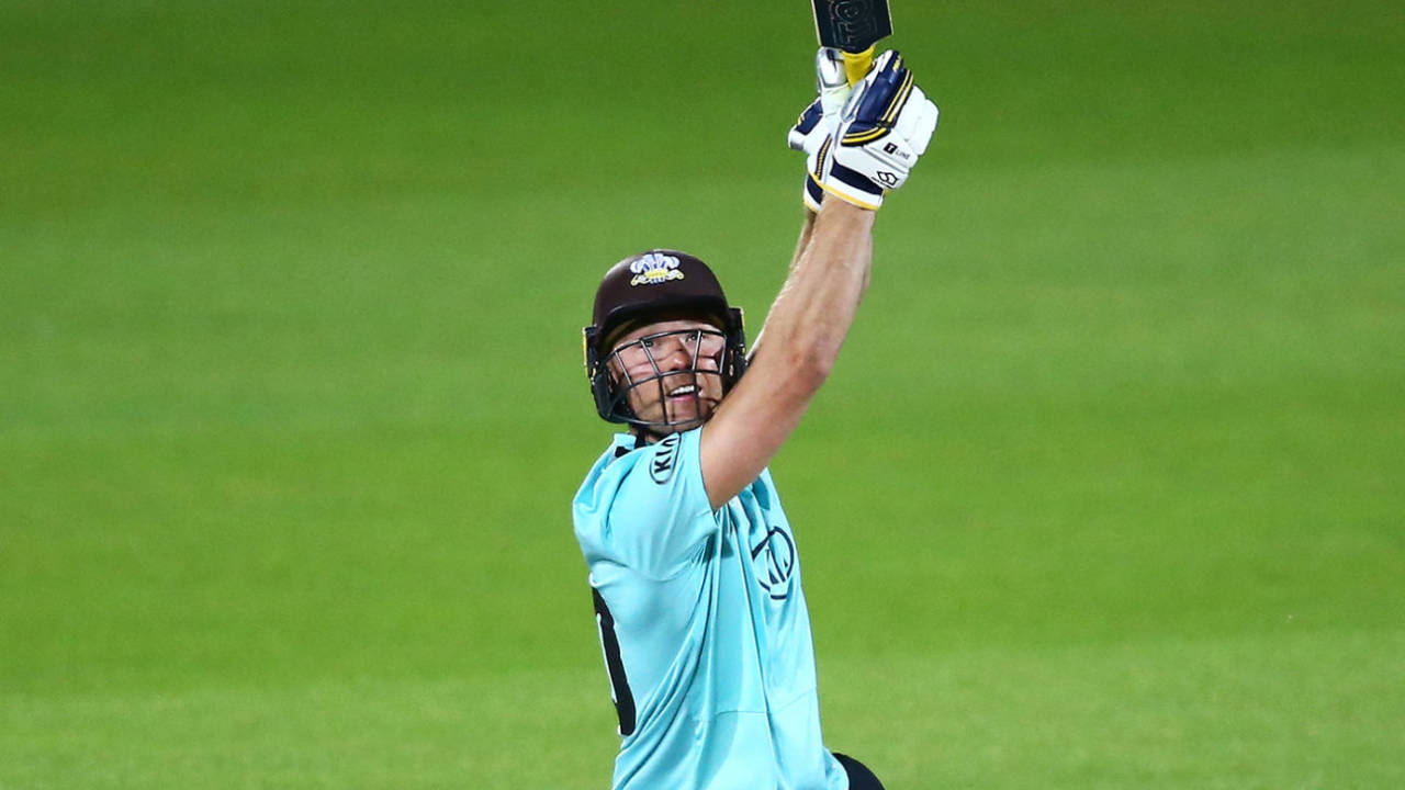 Laurie Evans drives over the covers, Surrey v Essex, Vitality Blast, September 3, 2020