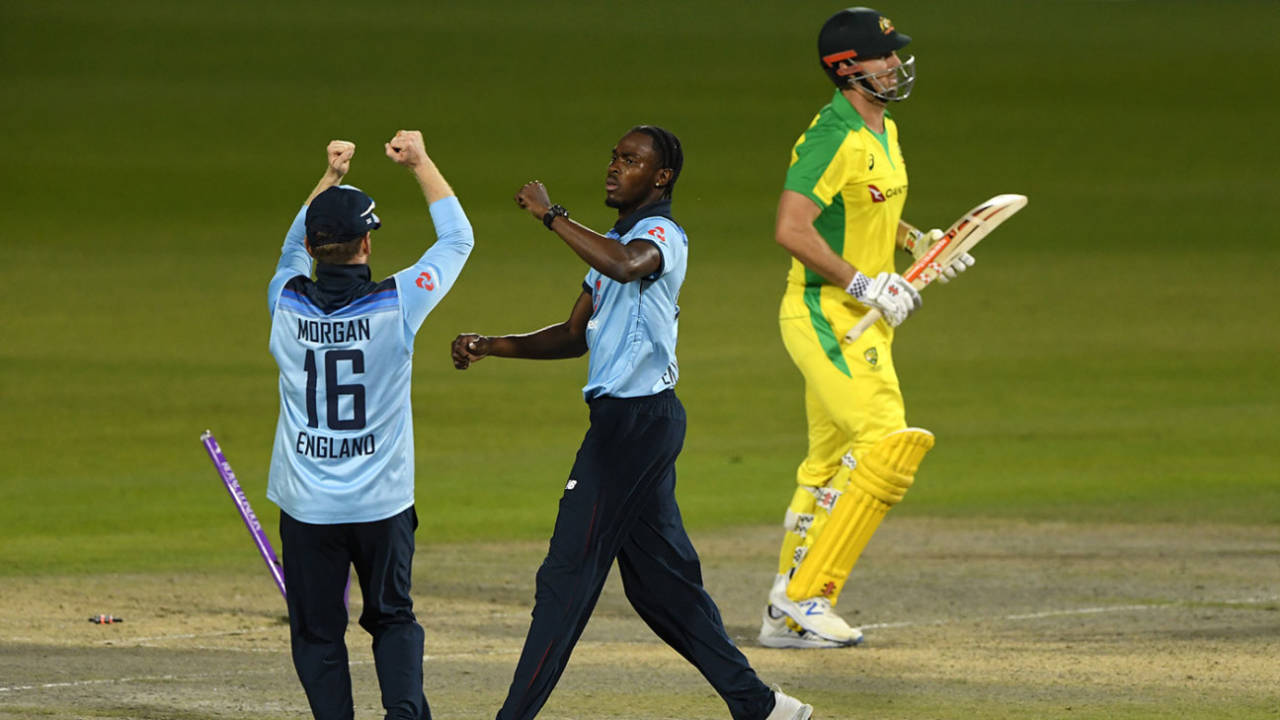 Eoin Morgan celebrates with Jofra Archer after Mitchell Marsh's wicket, England v Australia, 2nd ODI, Emirates Old Trafford, September 13, 2020