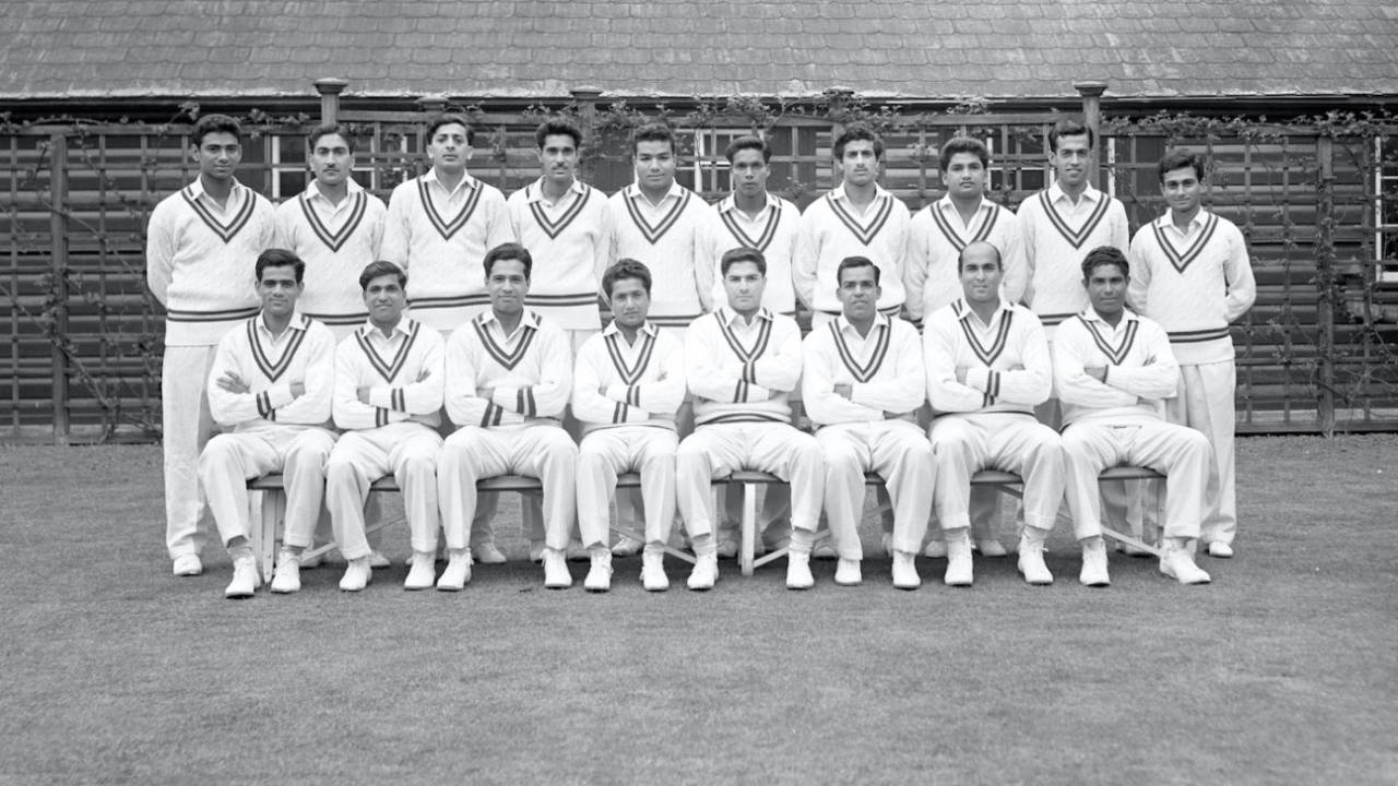 Afaq Hussain (standing, fourth from left) played only four Test innings for Pakistan, but remained unbeaten in all four innings for a total of 66 runs&nbsp;&nbsp;&bull;&nbsp;&nbsp;Getty Images