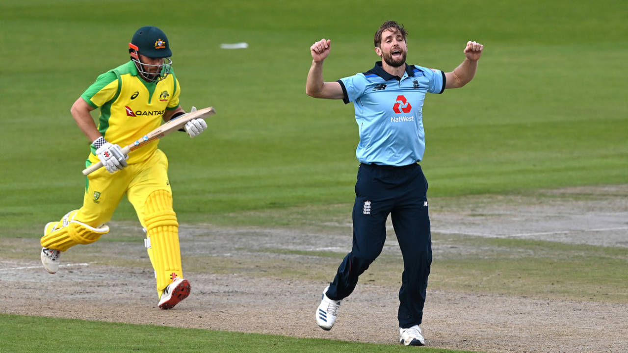 Chris Woakes celebrates taking the wicket of Aaron Finch&nbsp;&nbsp;&bull;&nbsp;&nbsp;Getty Images