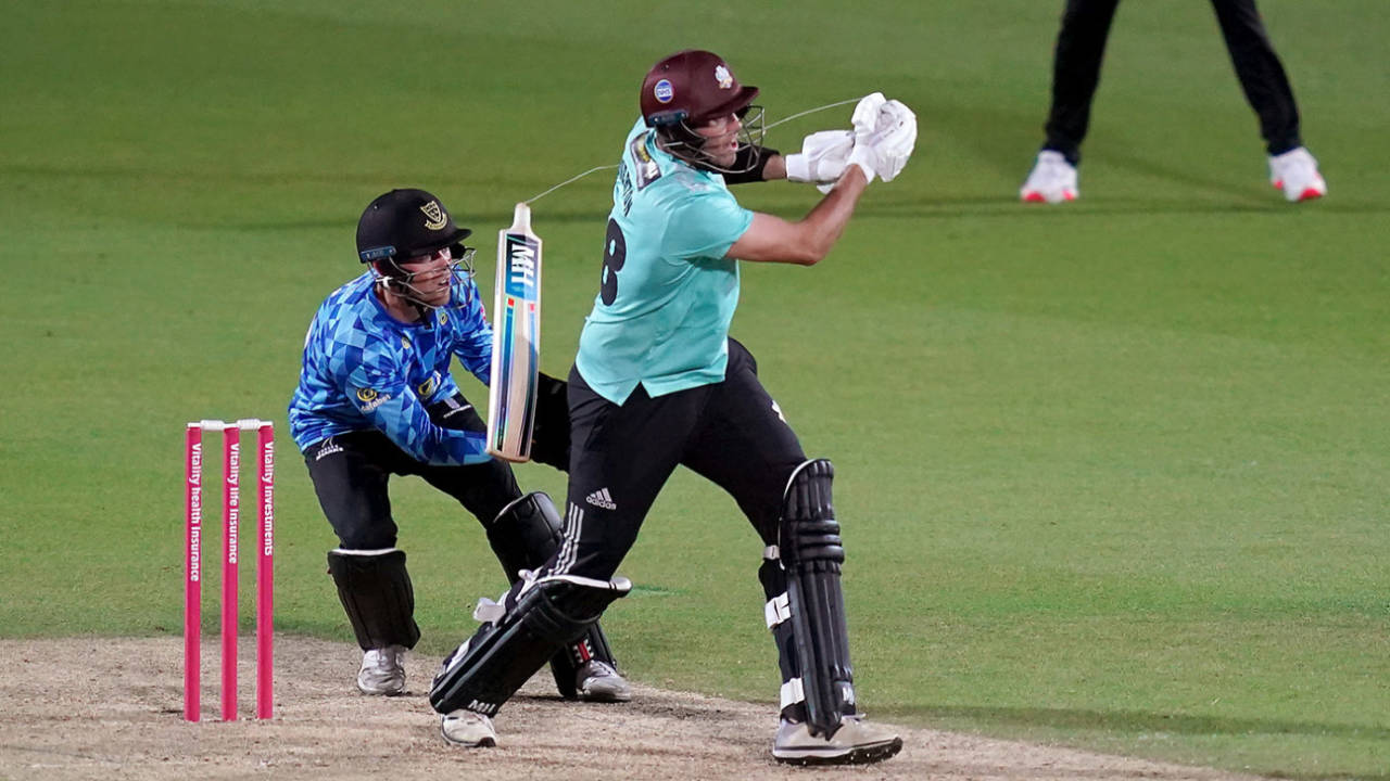 Jamie Overton breaks his bat en route to a pivotal 40 not out, T20 Vitality Blast South Group, Surrey v Sussex, Kia Oval, 16 September 2020