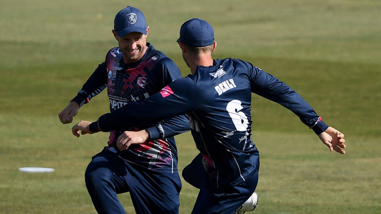 Joe Denly and Alex Blake celebrate another wicket for Kent, September 18, 2020