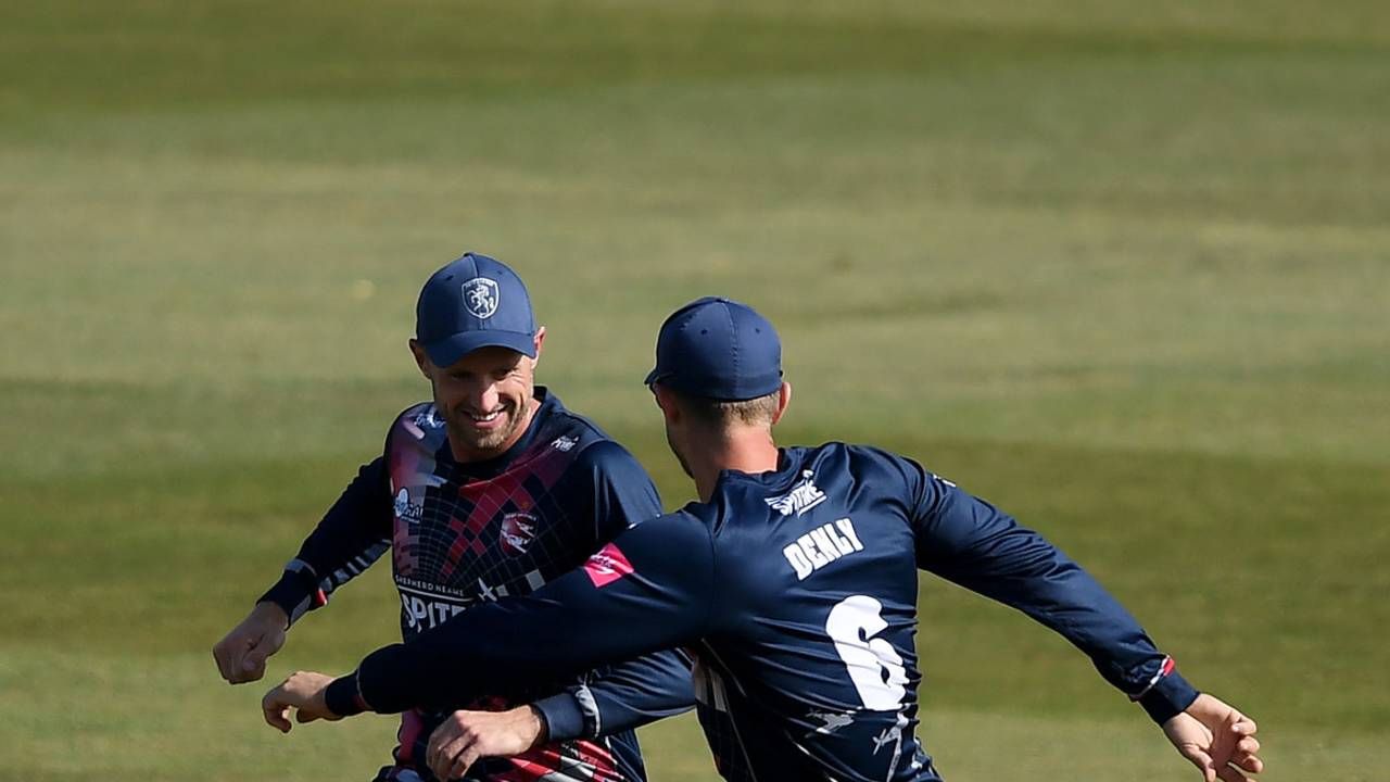 Joe Denly and Alex Blake celebrate another wicket for Kent, September 18, 2020