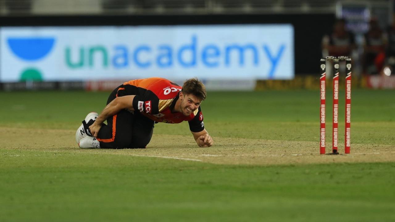 Mitchell Marsh clutches his ankle after taking a tumble, Sunrisers Hyderabad v Royal Challengers Bangalore, IPL 2020, Dubai, September 21, 2020 