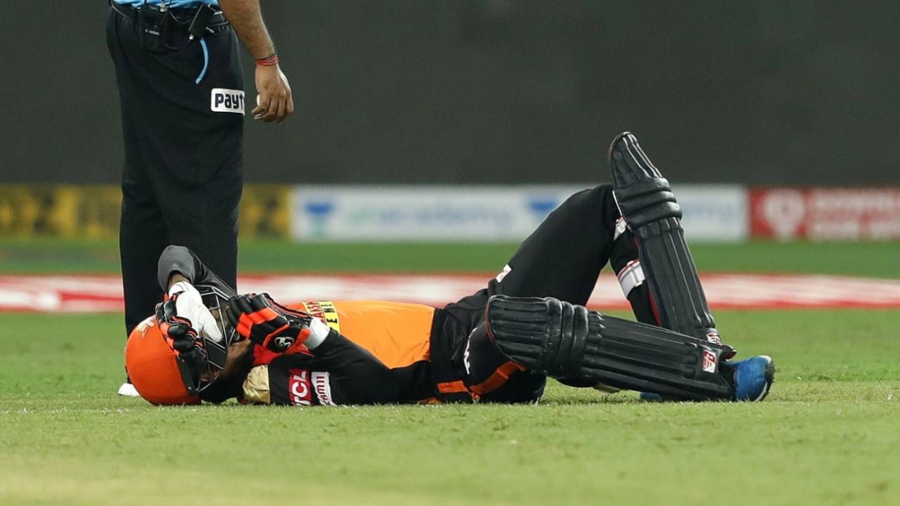Rashid Khan is floored after a mid-pitch collision with batting partner Abhishek Sharma&nbsp;&nbsp;&bull;&nbsp;&nbsp;BCCI