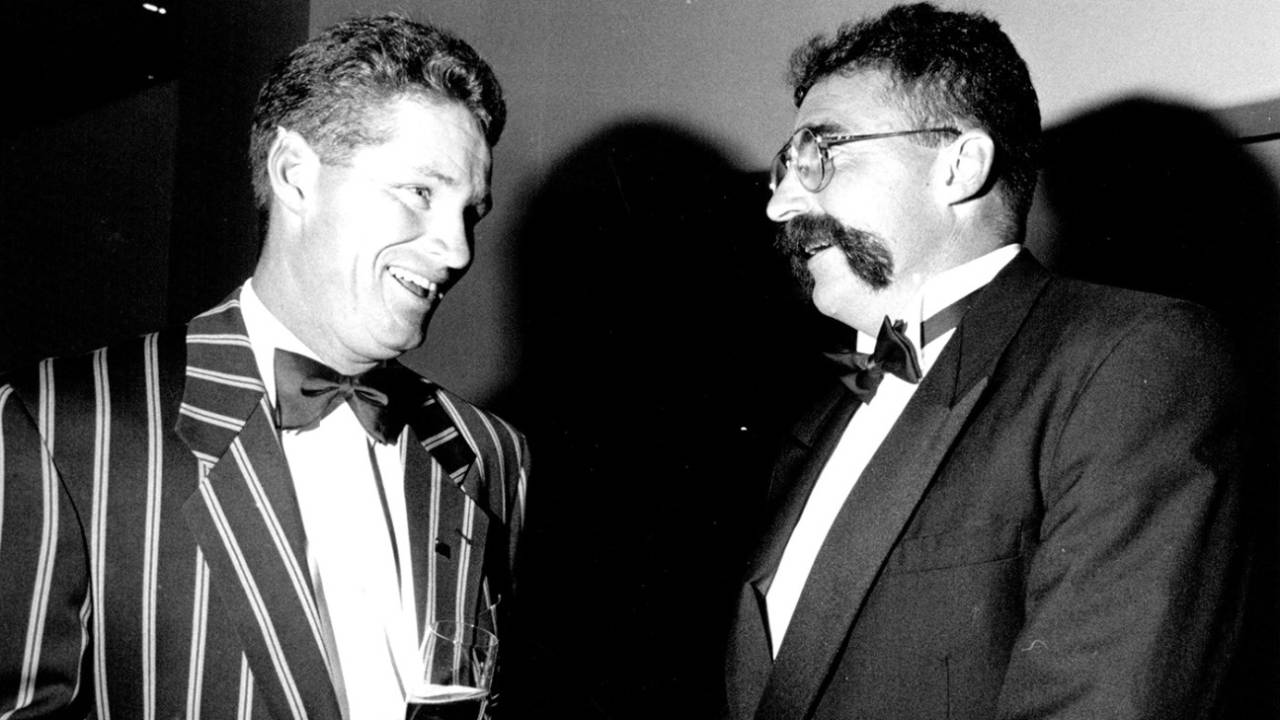 Dean Jones and Merv Hughes at an Allan Border tribute dinner in Sydney, January 24, 1994