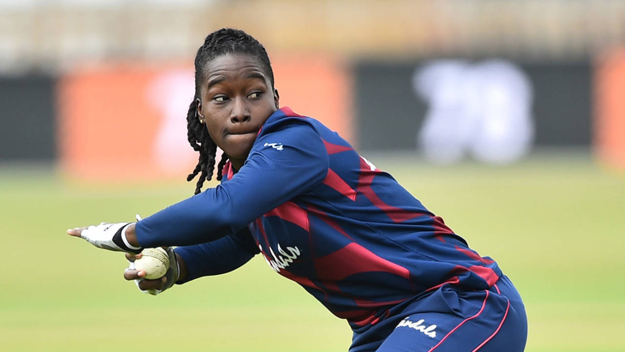 Deandra Dottin throws the ball in during West Indies training, Derby, September 20, 2020