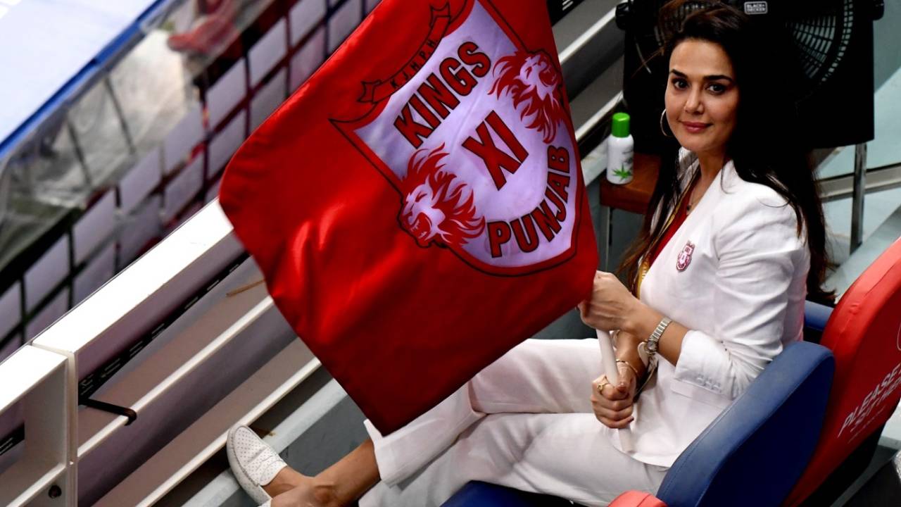 Kings XI Punjab co-owner Preity Zinta poses with the franchise flag, Kings XI Punjab vs Royal Challengers Bangalore , IPL 2020, Dubai, September 24, 2020