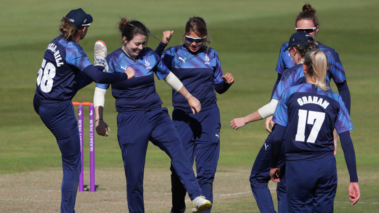 Katie Levick celebrates a wicket with her Northern Diamonds team-mates, Rachael Heyhoe Flint Trophy Final, Southern Vipers v Northern Diamonds, Edgbaston, September 27, 2020