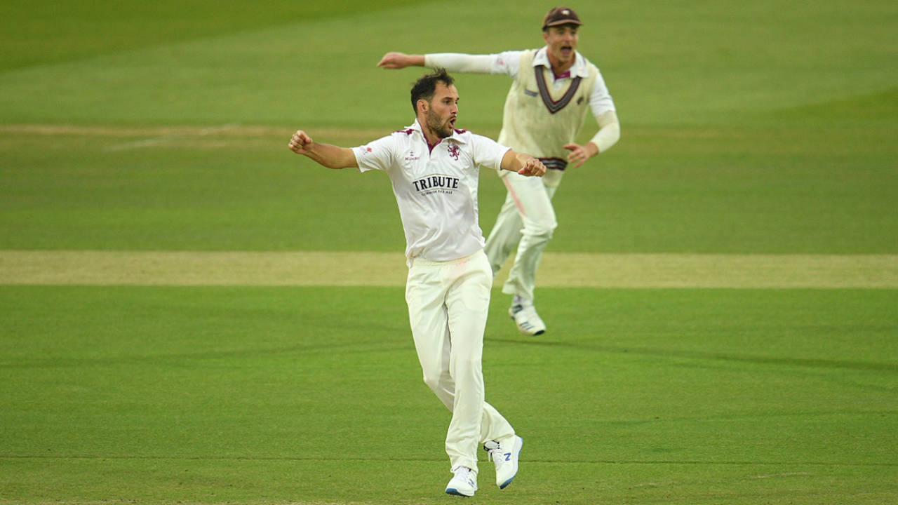 Lewis Gregory and Tom Abell of Somerset celebrate the wicket of Alastair Cook, Somerset vs Essex, Bob Willis Trophy final, 5th day, Lord's, September 27, 2020