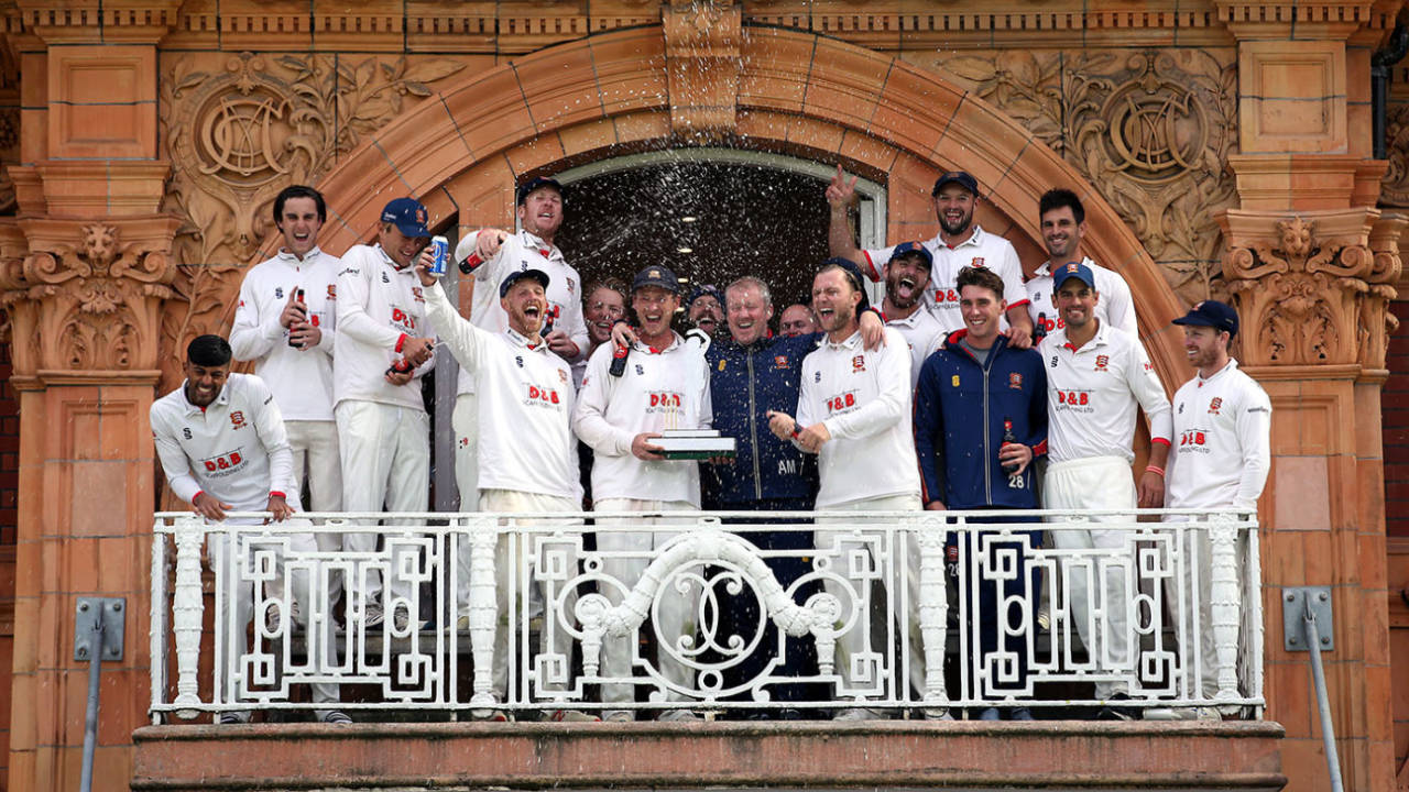Essex's players celebrate on the team balcony, Somerset vs Essex, Bob Willis Trophy final, 5th day, Lord's, September 27, 2020