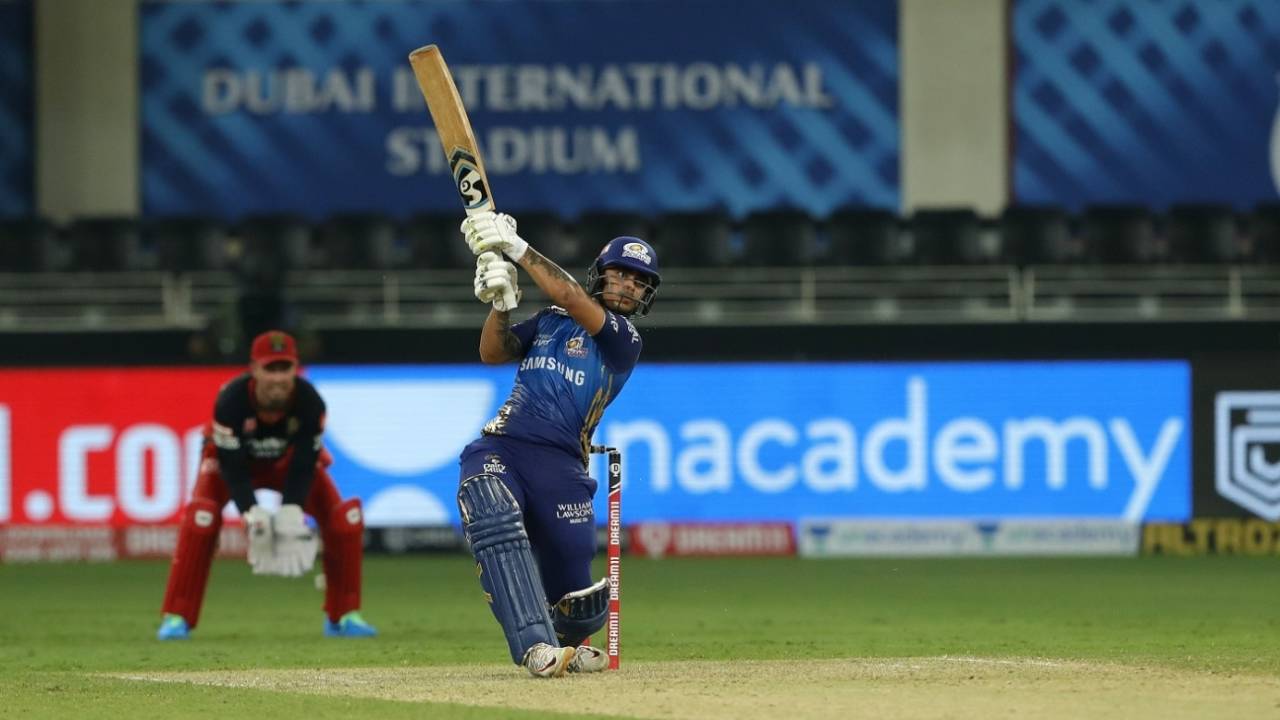 Ishan Kishan swings one away for a boundary, Mumbai Indians v Royal Challengers Bangalore, IPL 2020, Dubai, September 28, 2020