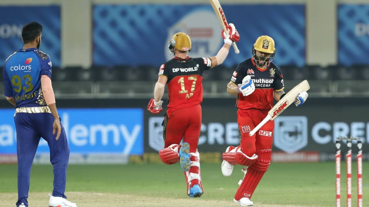 Virat Kohli and AB de Villiers celebrate the win as Jasprit Bumrah looks on&nbsp;&nbsp;&bull;&nbsp;&nbsp;BCCI
