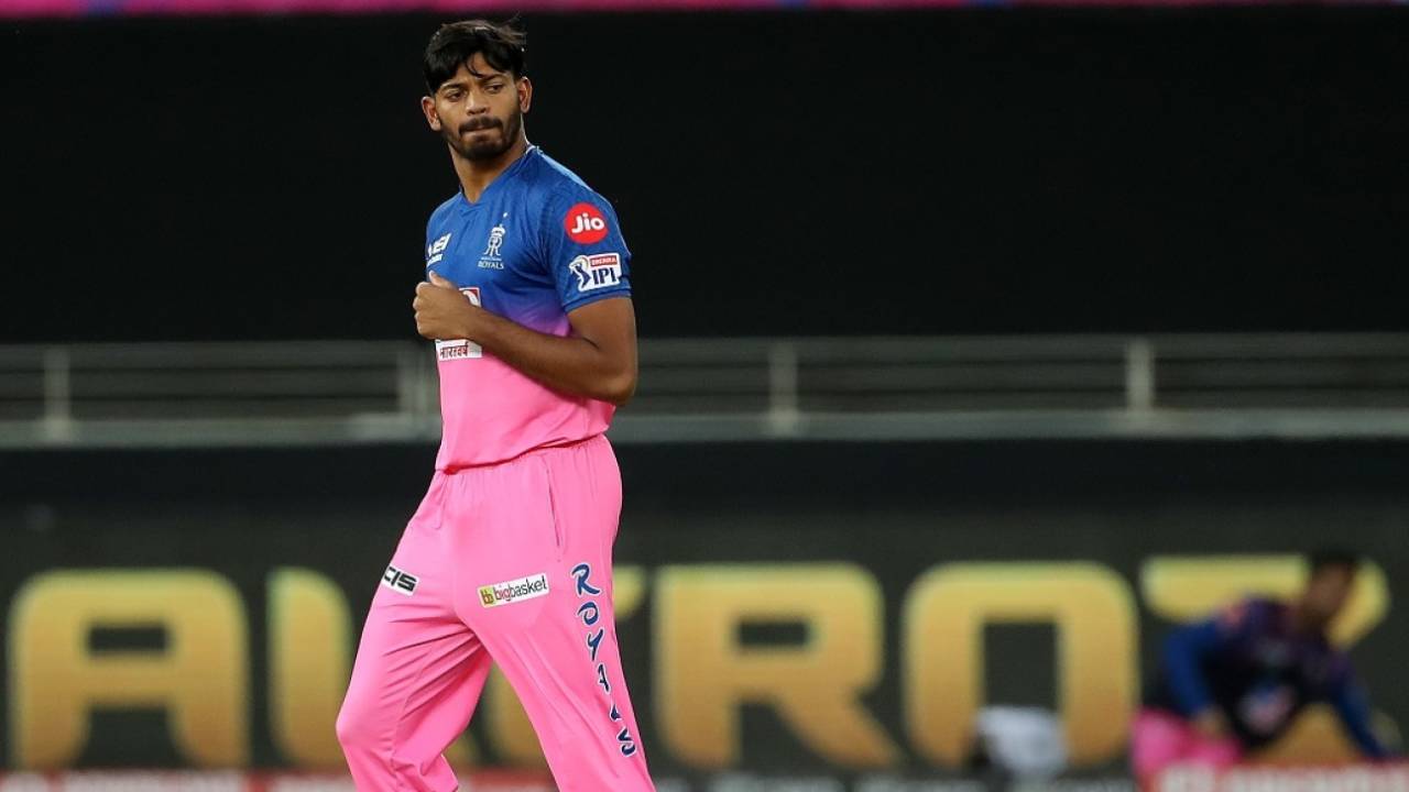 Ankit Rajpoot shared the new ball for Rajasthan Royals, Rajasthan Royals v Kolkata Knight Riders, IPL 2020, Dubai, September 30, 2020