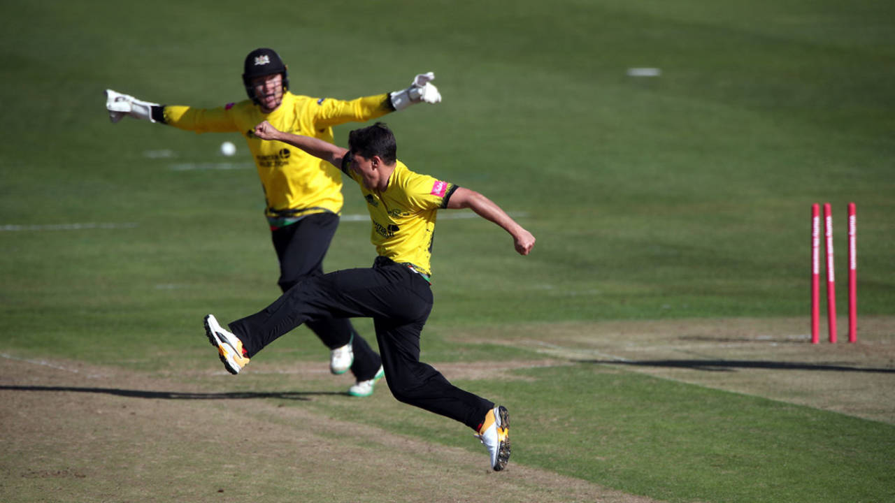 Benny Howell leaps in triumph after another wicket for Gloucestershire, Gloucs v Northants, Vitality Blast, quarter-final, Bristol, October 1, 2020