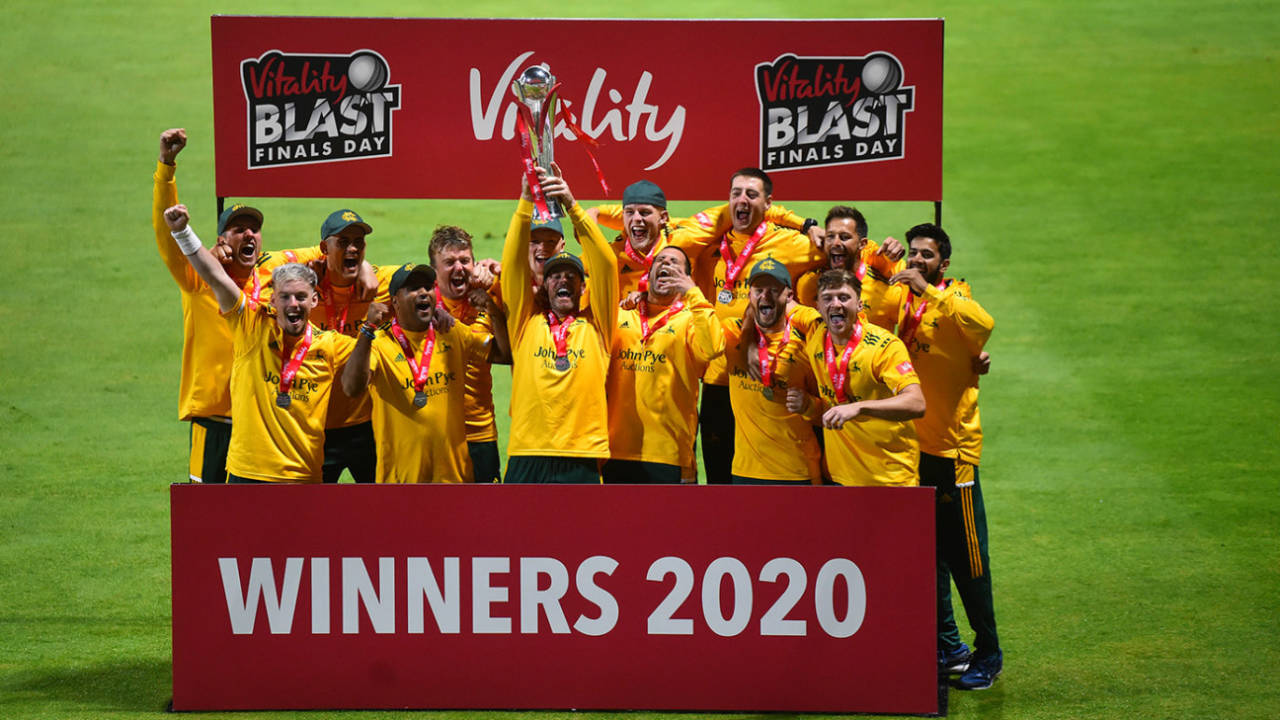 Nottinghamshire players celebrate after winning the Vitality Blast 2020 final, Surrey vs Nottinghamshire, Vitality Blast final, Edgbaston, October 4, 2020