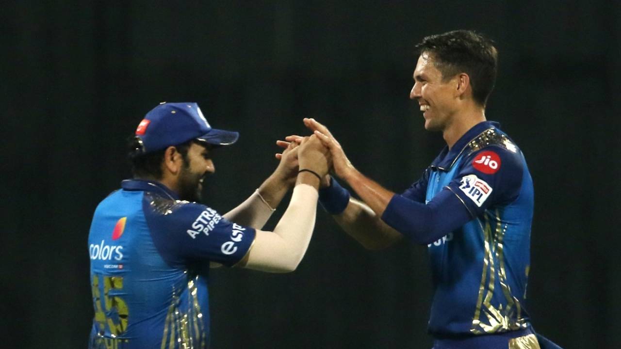 Rohit Sharma and Trent Boult celebrate the fall of Sanju Samson's wicket, Mumbai Indians vs Rajasthan Royals, IPL 2020, Abu Dhabi, October 6, 2020