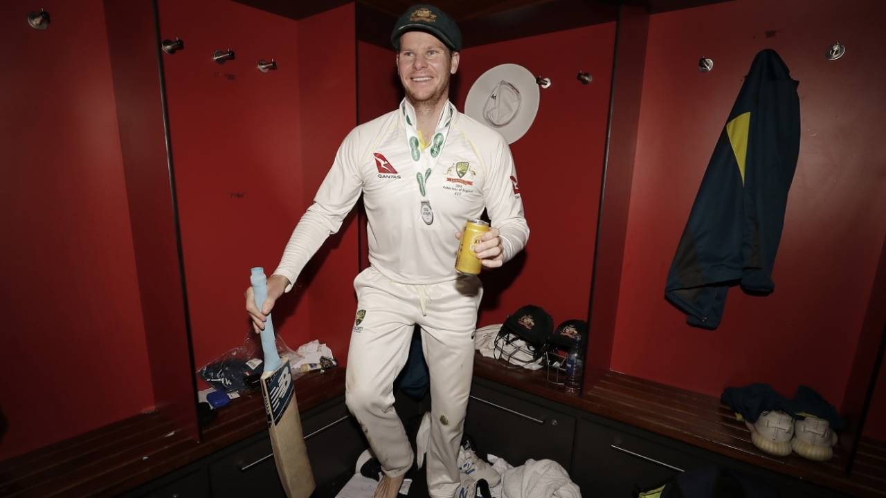 Steven Smith poses in the dressing room after Australia retain the Ashes, England v Australia, 4th Test, Old Trafford, 5th day, September 8, 2019