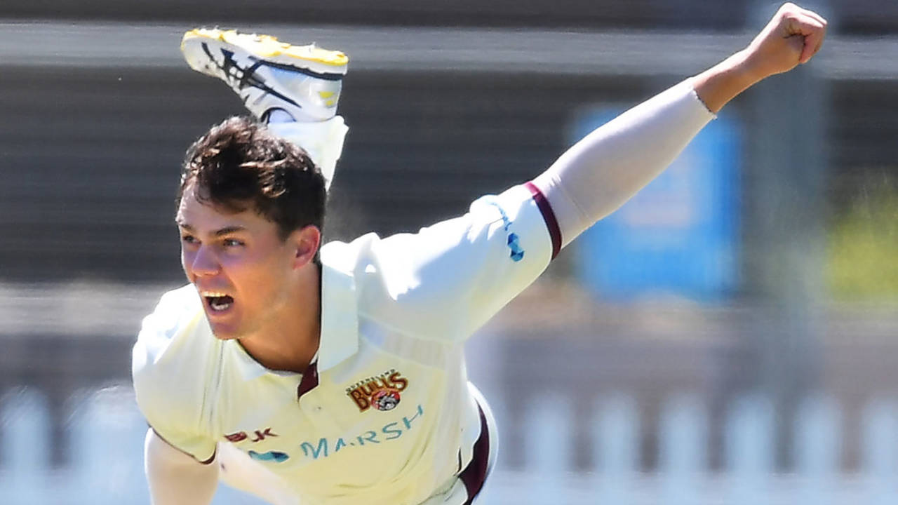 Mitchell Swepson rips through the crease, Queensland v Tasmania, Sheffield Shield, Park 25, Adelaide, October 10, 20202