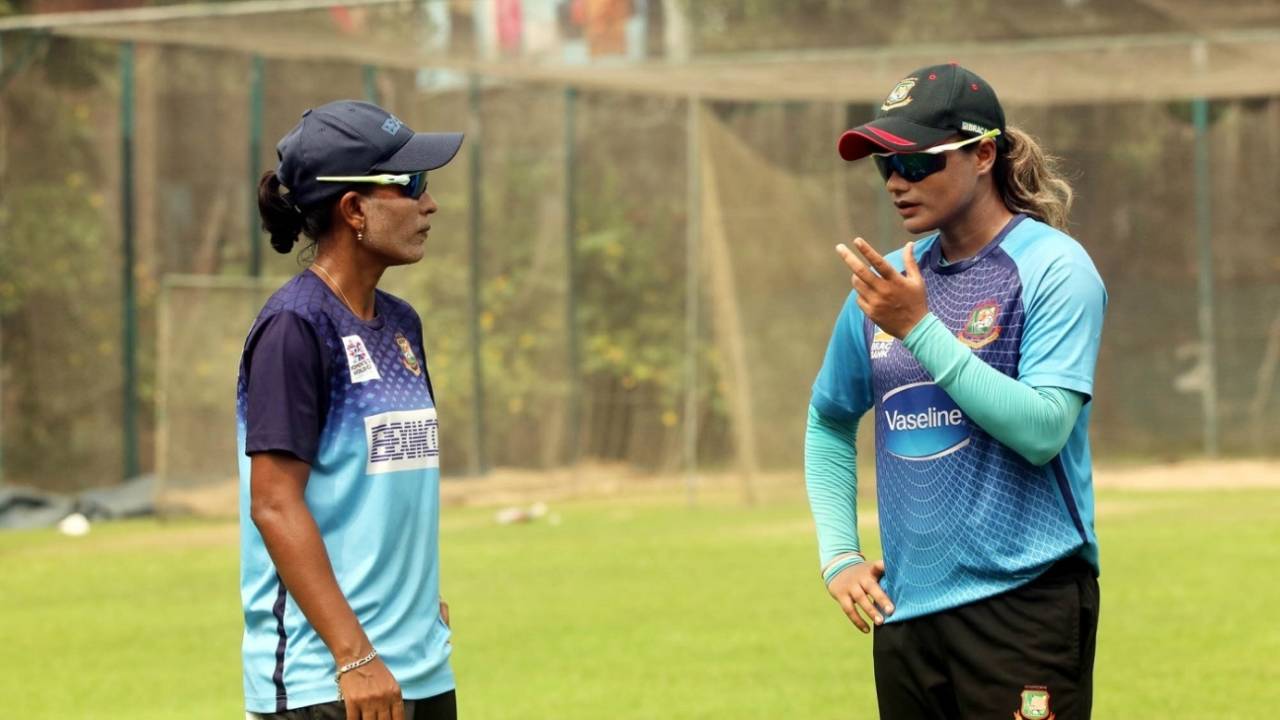 Salma Khatun and Jahanara Alam discuss a point during training, Sher-e-Bangla National Stadium, Dhaka, October 13, 2020