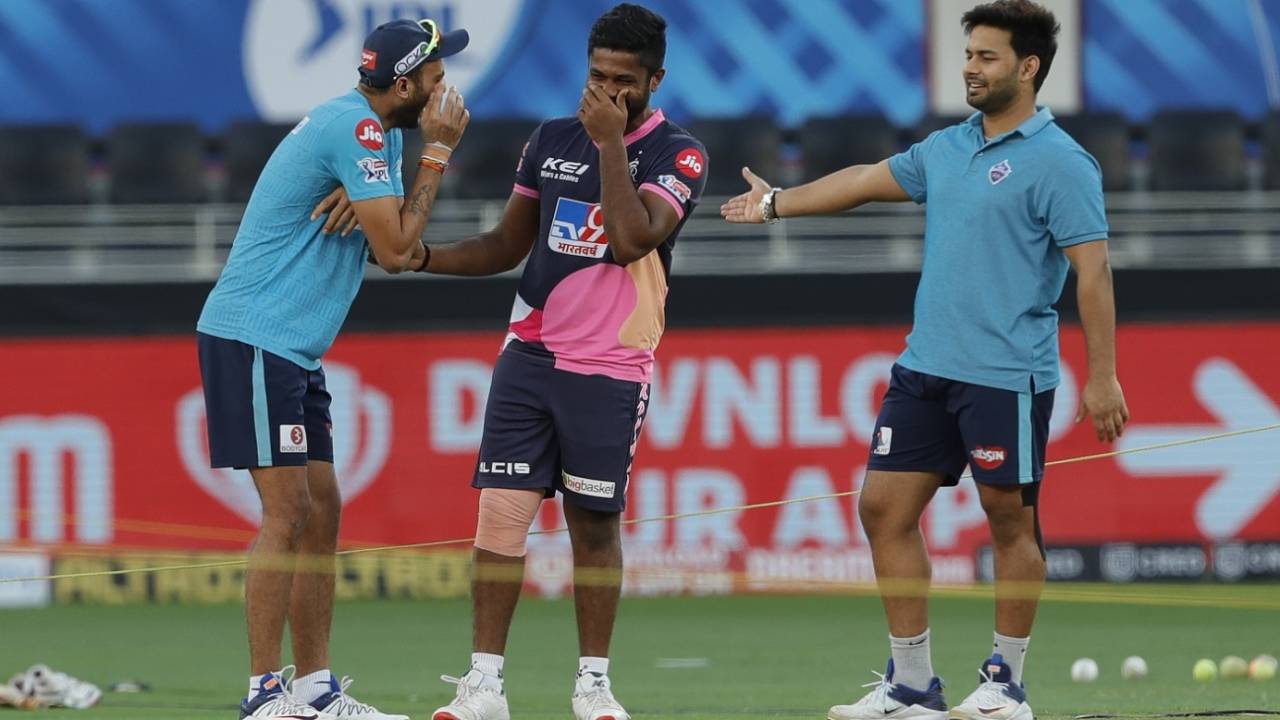 Sanju Samson shares a joke with Axar Patel and Rishabh Pant, Delhi Capitals vs Rajasthan Royas, IPL 2020, Dubai, October 14, 2020